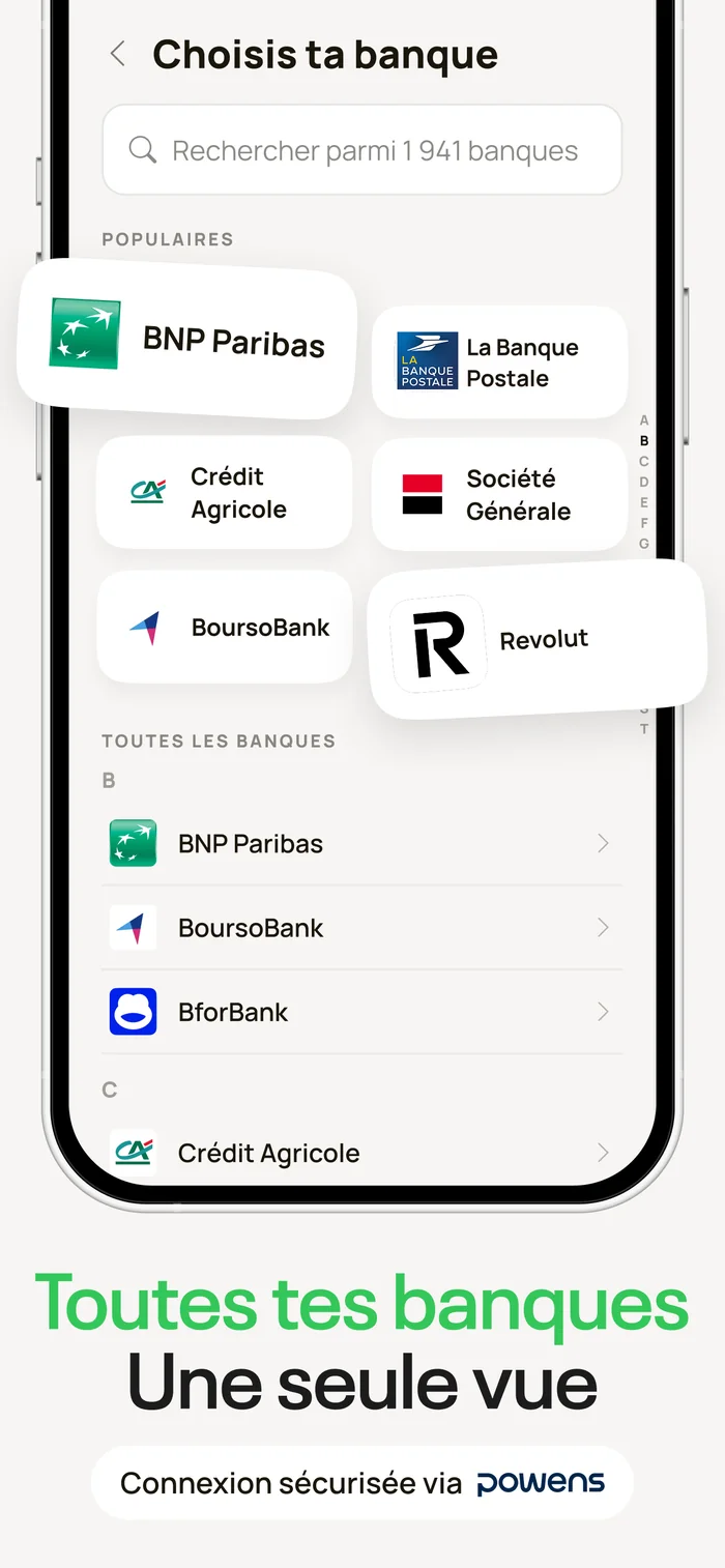 Sélection de la banque à connecter, parmi près de 2 000 banques