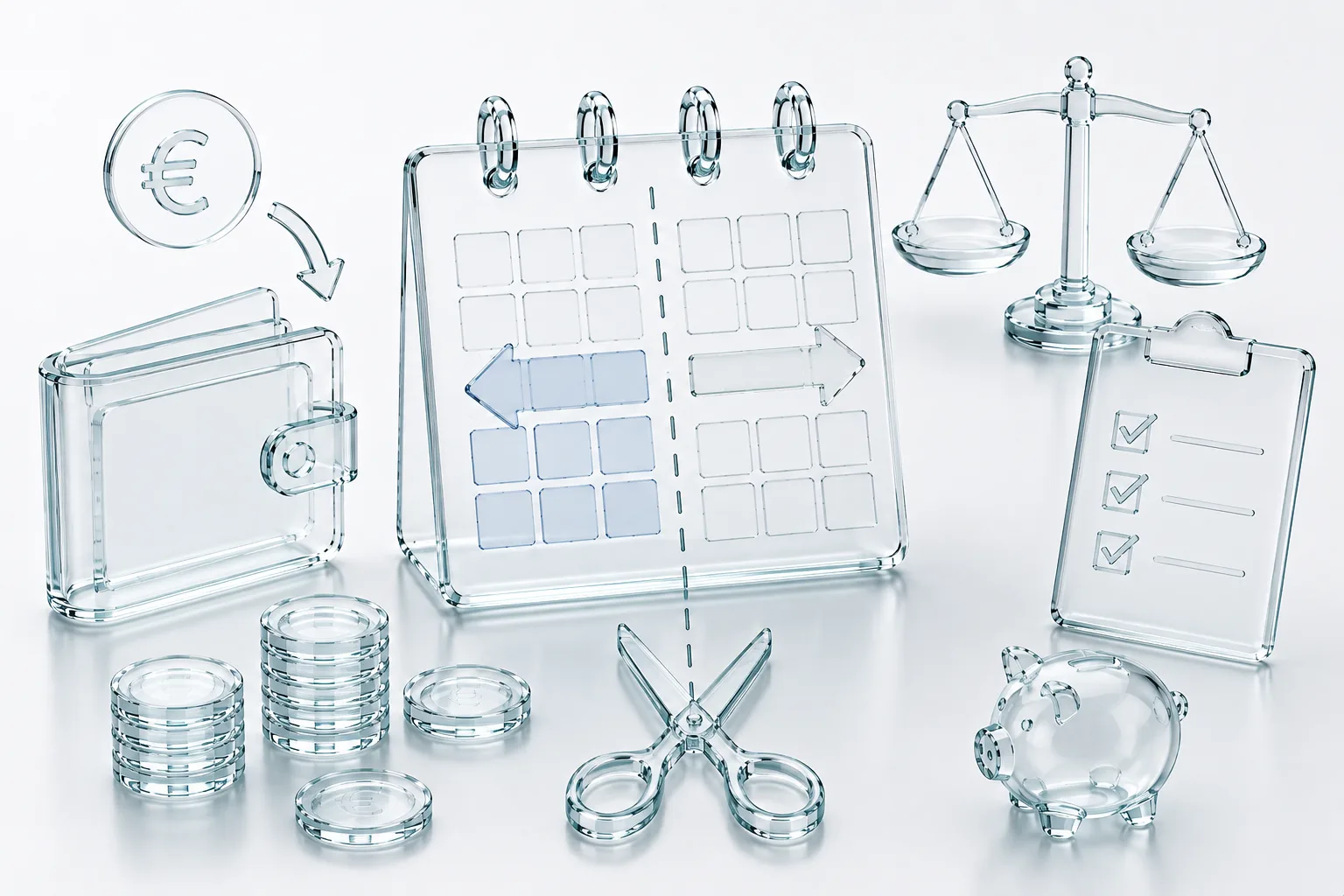 Enveloppe de paie en verre sculpté coupée en deux moitiés posées à quinze jours d'écart sur une bande de calendrier, la seconde nettement plus fine que la première.
