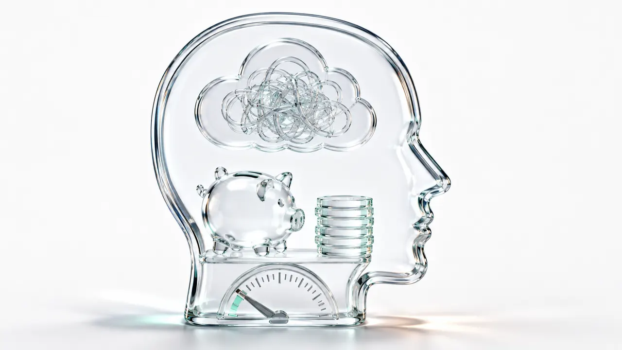 Illustration en verre d'une tête de profil contenant un nuage de pensées enchevêtrées au-dessus d'une tirelire, d'une pile de pièces et d'un cadran, symbole de l'anxiété financière qui persiste malgré l'épargne.