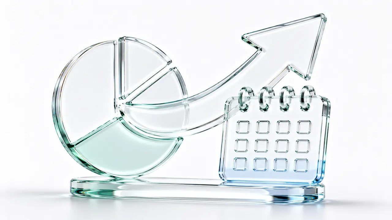 Illustration en verre d'un graphique en camembert relié par une flèche à un calendrier, symbole du passage d'un budget qui trie les dépenses passées à une projection tournée vers les prochains jours.