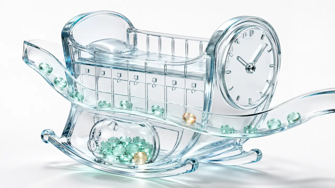 Illustration en verre d'un berceau à bascule accolé à une horloge, traversé par un ruban de pièces qui vient remplir une tirelire, symbole du revenu qui change de rythme à l'arrivée d'un enfant.