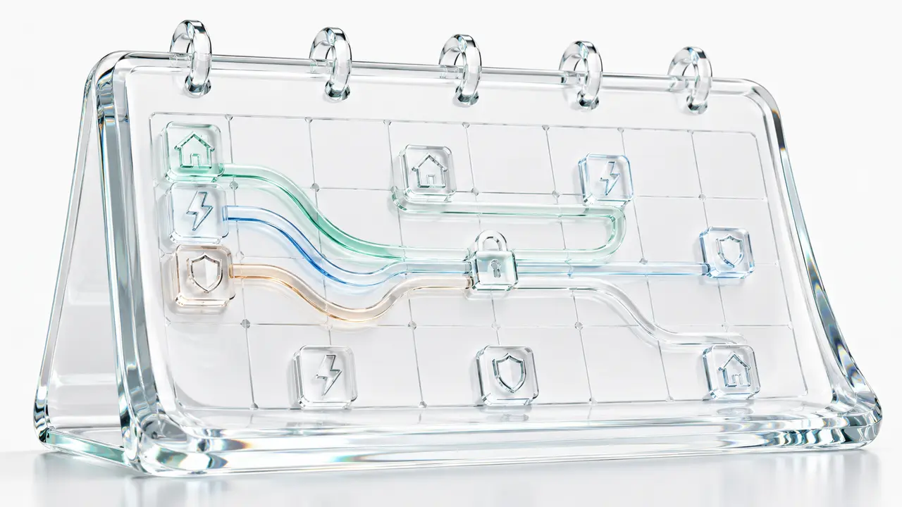 Illustration en verre d'un agenda à anneaux dont les icônes de loyer, d'énergie et d'assurance glissent le long de tubes colorés vers d'autres cases du mois, symbole des prélèvements répartis sur le calendrier.