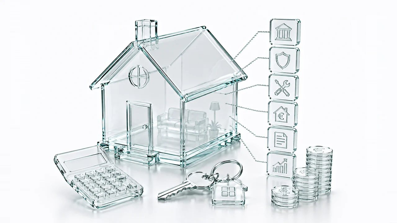 Maison en verre meublée reliée par de fines chaînes à une colonne d'icônes en verre, banque, bouclier, outils, maison à l'euro, document et courbe, posée près d'une calculatrice, d'un trousseau de clés et de piles de pièces : les échéances qui s'accrochent au logement une fois les clés remises.