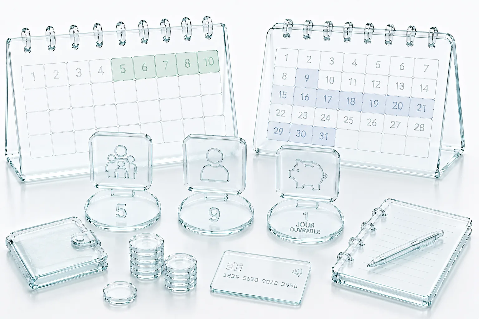 Calendrier en verre sculpté dont les neuf premières cases portent des piles de pièces et les suivantes restent vides, une file de petites échéances traversant tout le mois en dessous.