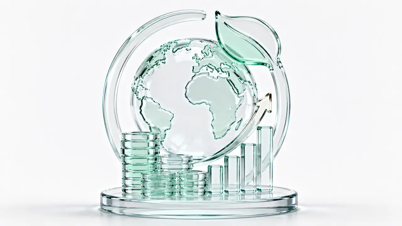 Globe terrestre en verre enlacé par une flèche circulaire et une feuille, posé sur un socle où s'alignent des piles de pièces et un histogramme croissant, symbole du trajet que fait vraiment un euro placé.