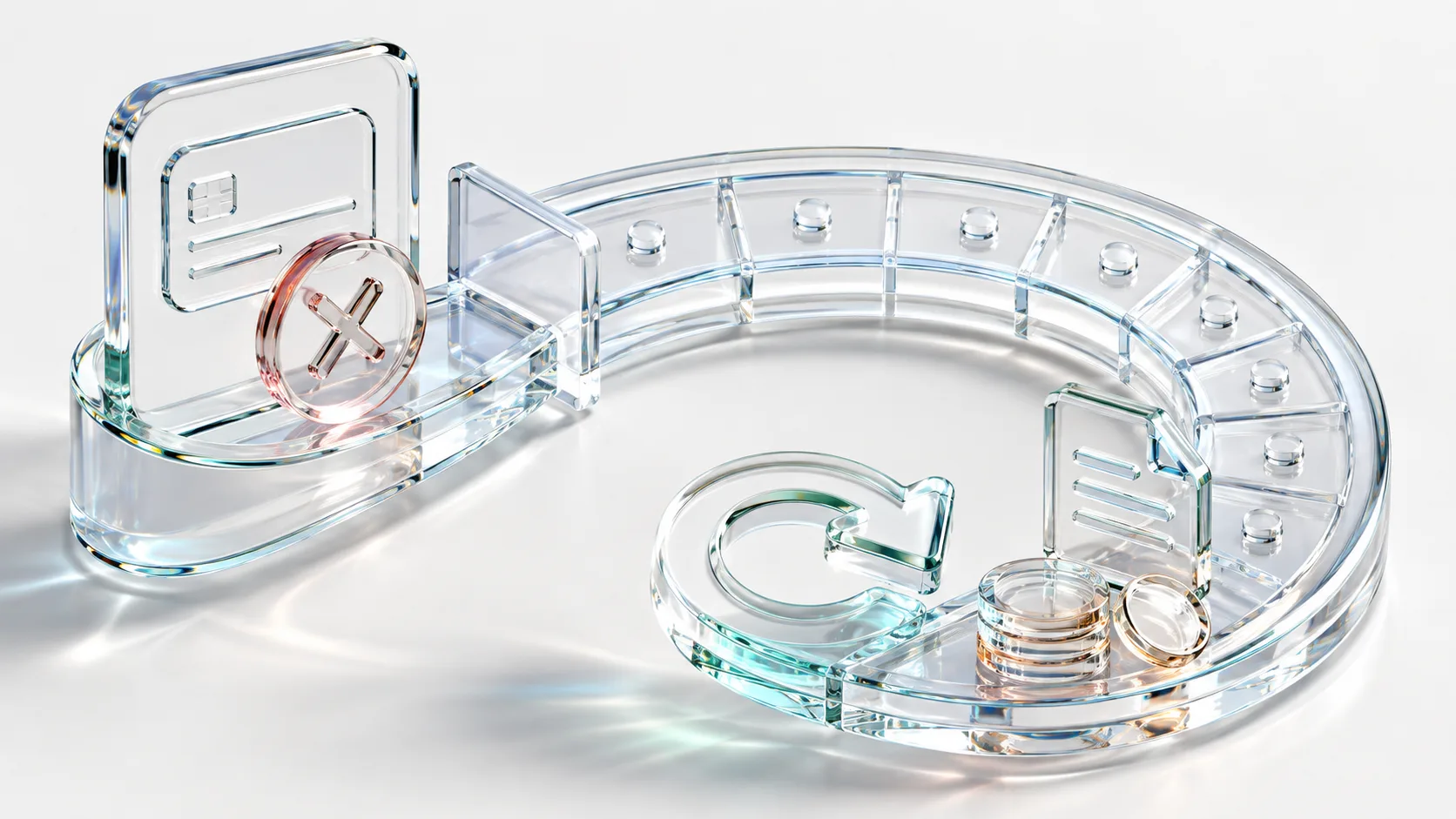 Enveloppe de facture en verre sculpté qui rebondit contre un compte fermé puis revient vers lui quelques jours plus tard, un petit compteur de frais posé à côté : un prélèvement rejeté qui se représente.