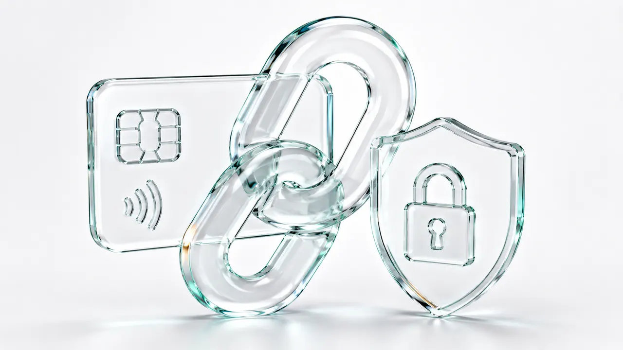 Illustration en verre d'une carte bancaire reliée par une chaîne à un bouclier fermé d'un cadenas, symbole de la sécurité des comptes connectés à une application.