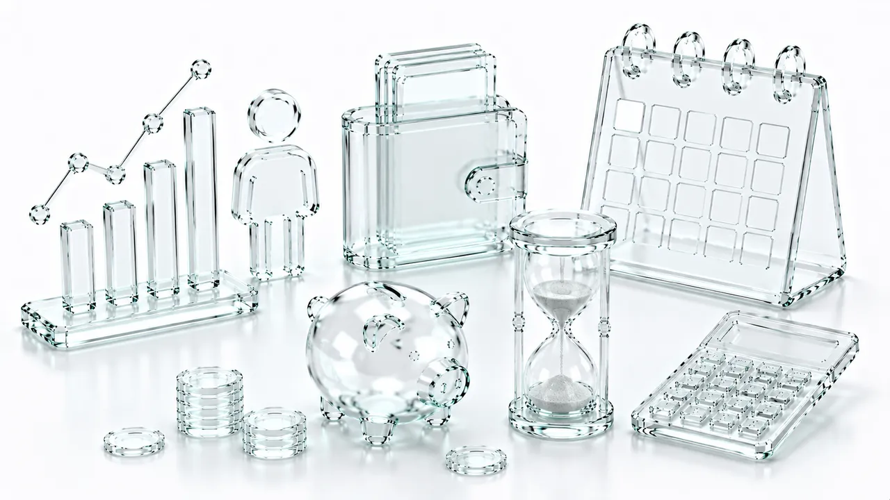 Histogramme en verre aux barres inégales surmonté d'une courbe en dents de scie, à côté d'une silhouette d'indépendant, d'une sacoche, d'un calendrier, d'un sablier, d'une tirelire et de piles de pièces de hauteurs différentes, symbole d'un revenu qui change de montant à chaque mois.
