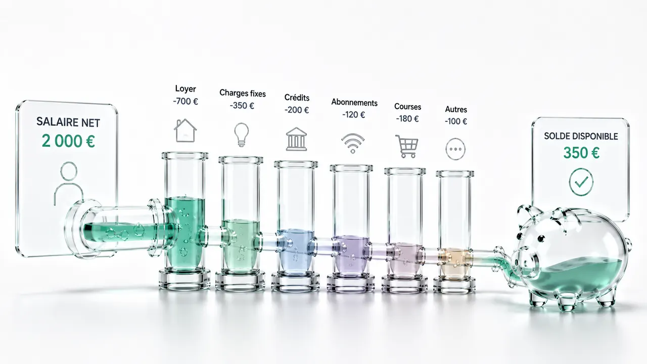 Illustration en verre d'un circuit de tubes reliant le salaire net à une tirelire, chaque tube représentant une charge prélevée (loyer, charges fixes, crédits, abonnements, courses), jusqu'au solde disponible final.