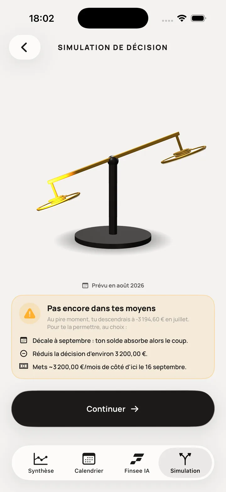 Simulation de décision dans l'app Finro : le verdict « Pas encore dans tes moyens » et ses leviers