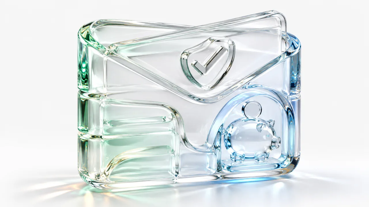 Portefeuille en verre sculpté, billets rangés d'un côté, tirelire logée de l'autre et bouclier marqué d'une coche : le budget du quotidien tenu sans crispation.